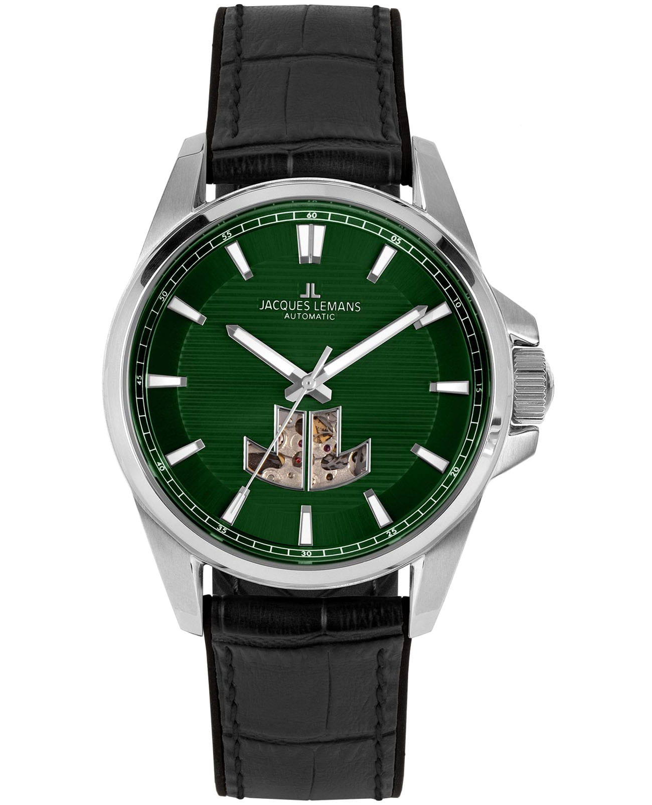 Jacques Lemans Jacques Lemans Sport 1-2209C  1-2209C механические мужские часы зеленый циферблат, браслет кожа + силикон — вид спереди