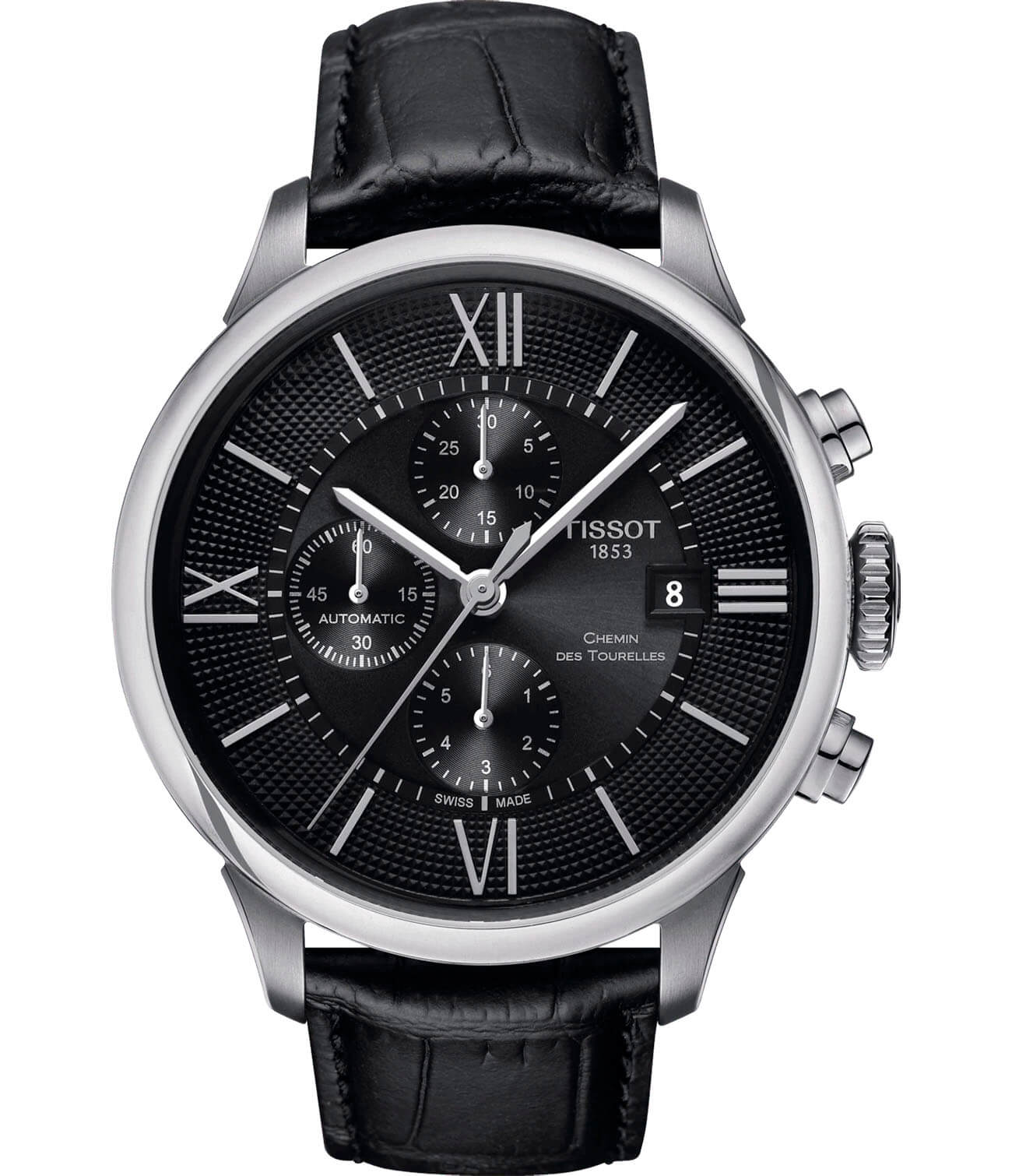 Tissot Tissot Chemin des Tourelles Chronograph T099.427.16.058.00 Chemin des Tourelles T0994271605800 механические мужские часы черный циферблат, браслет кожаный — вид спереди