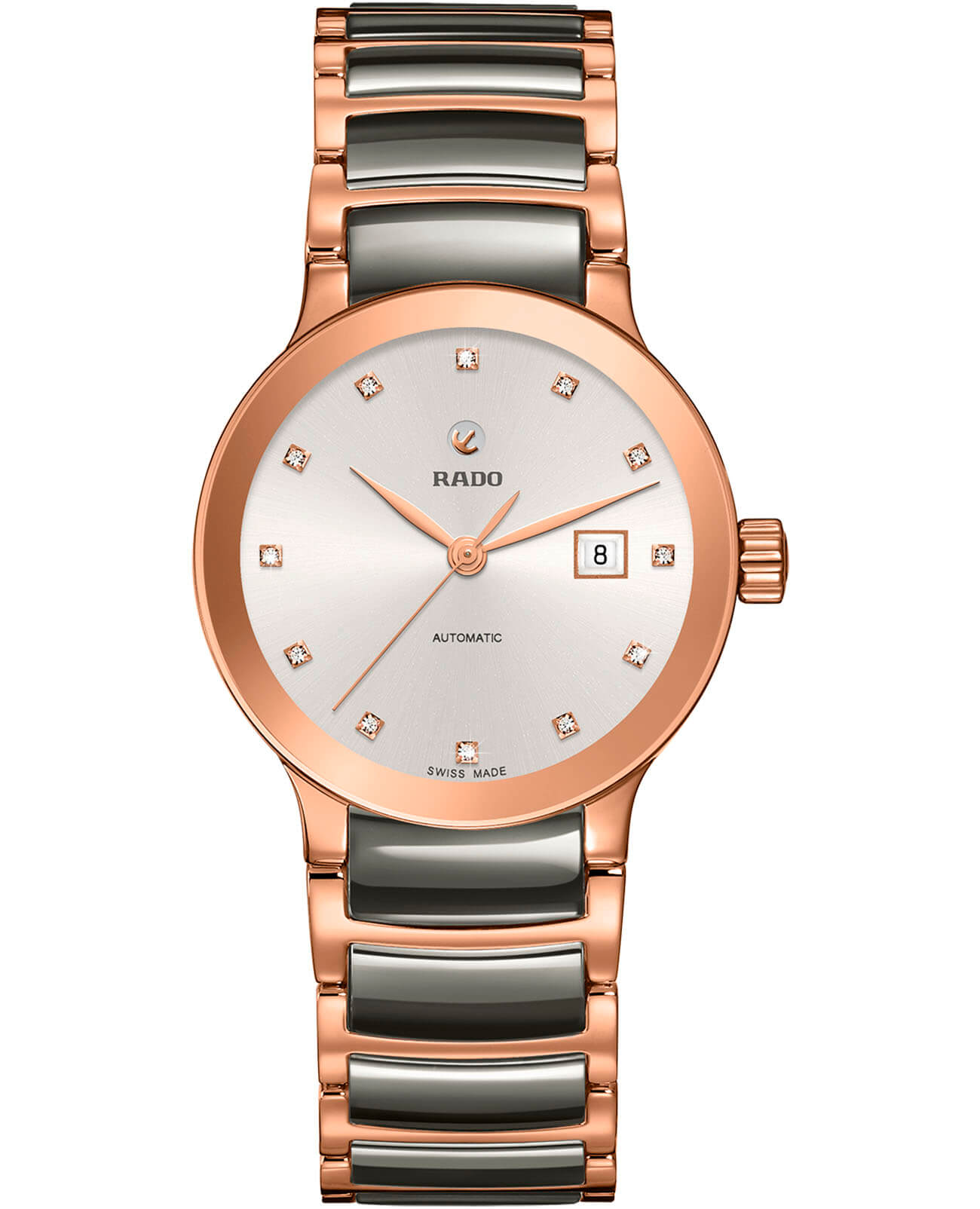 Rado Rado Centrix Automatic Diamonds R30183762 Automatic R30183762 механические женские часы серебристый циферблат, браслет сталь + pvd + керамика — вид спереди