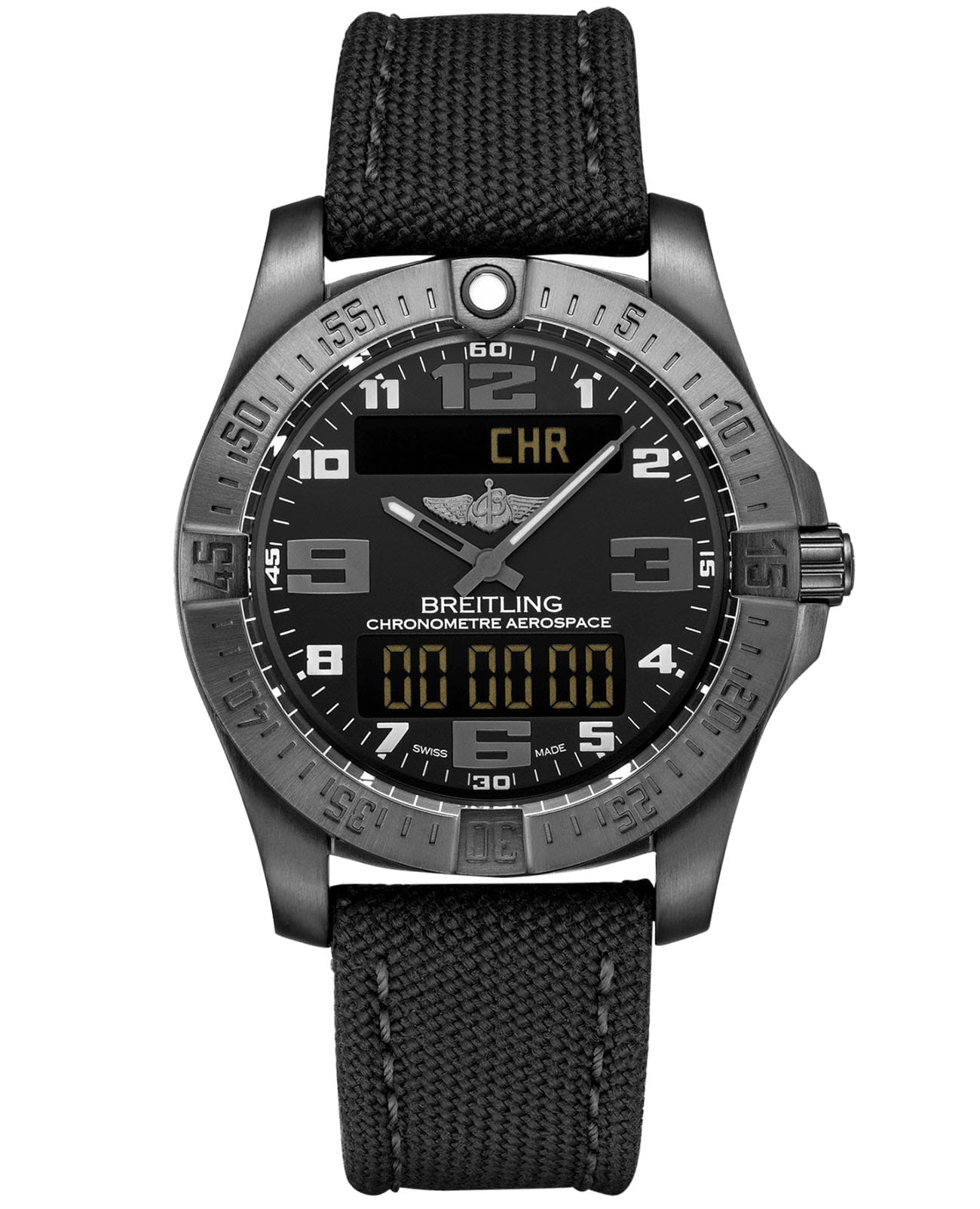 Breitling Breitling Aerospace EVO V79363101B1W1  V79363101B1W1 кварцевые мужские часы черный циферблат, браслет полиамидная ткань — вид спереди