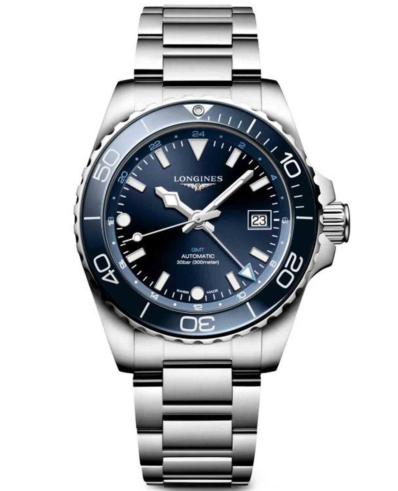 Longines Longines HydroConquest L3.790.4.96.6  L37904966 механические мужские часы синий циферблат, браслет нержавеющая сталь — вид спереди