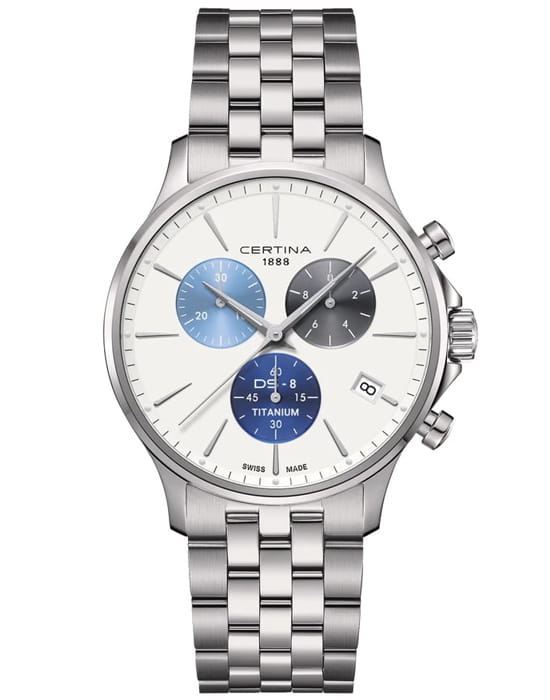 Certina Certina DS-8 Chrono C045.417.44.011.00 DS 8 C0454174401100 кварцевые мужские часы белый циферблат, браслет титановый — вид спереди