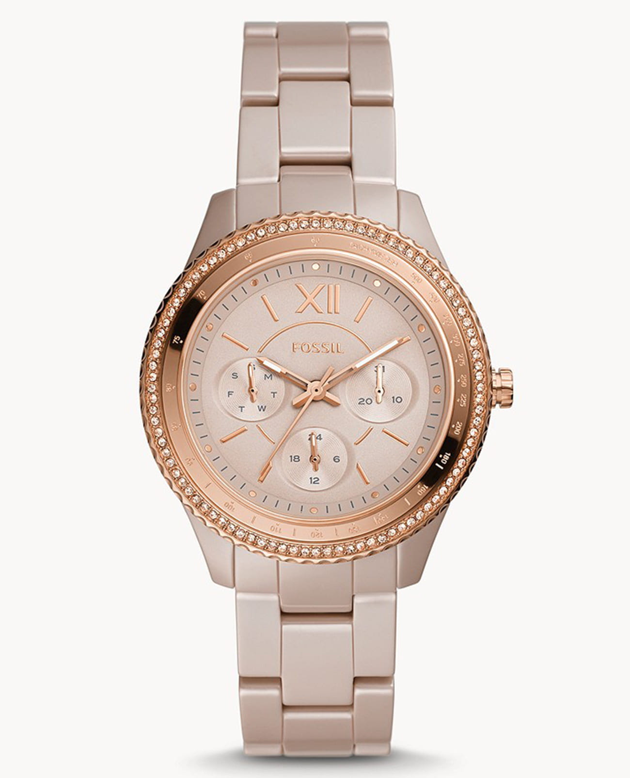 Fossil Fossil FB-01 CE1112  CE1112 кварцевые женские часы бежевый циферблат, браслет керамика — вид спереди