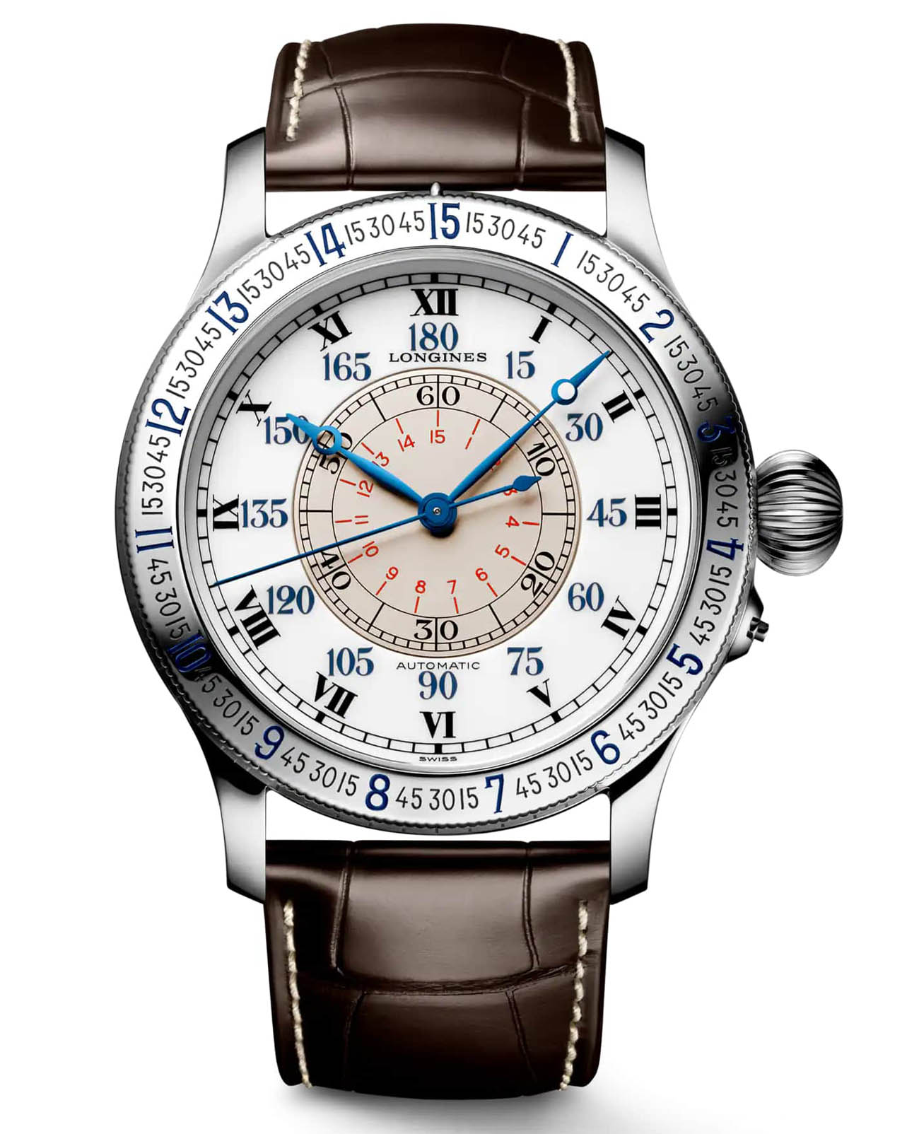 Longines Longines The Lindbergh Hour Angle Watch L2.678.4.11.0  L26784110 механические мужские часы белый циферблат, браслет кожаный — вид спереди