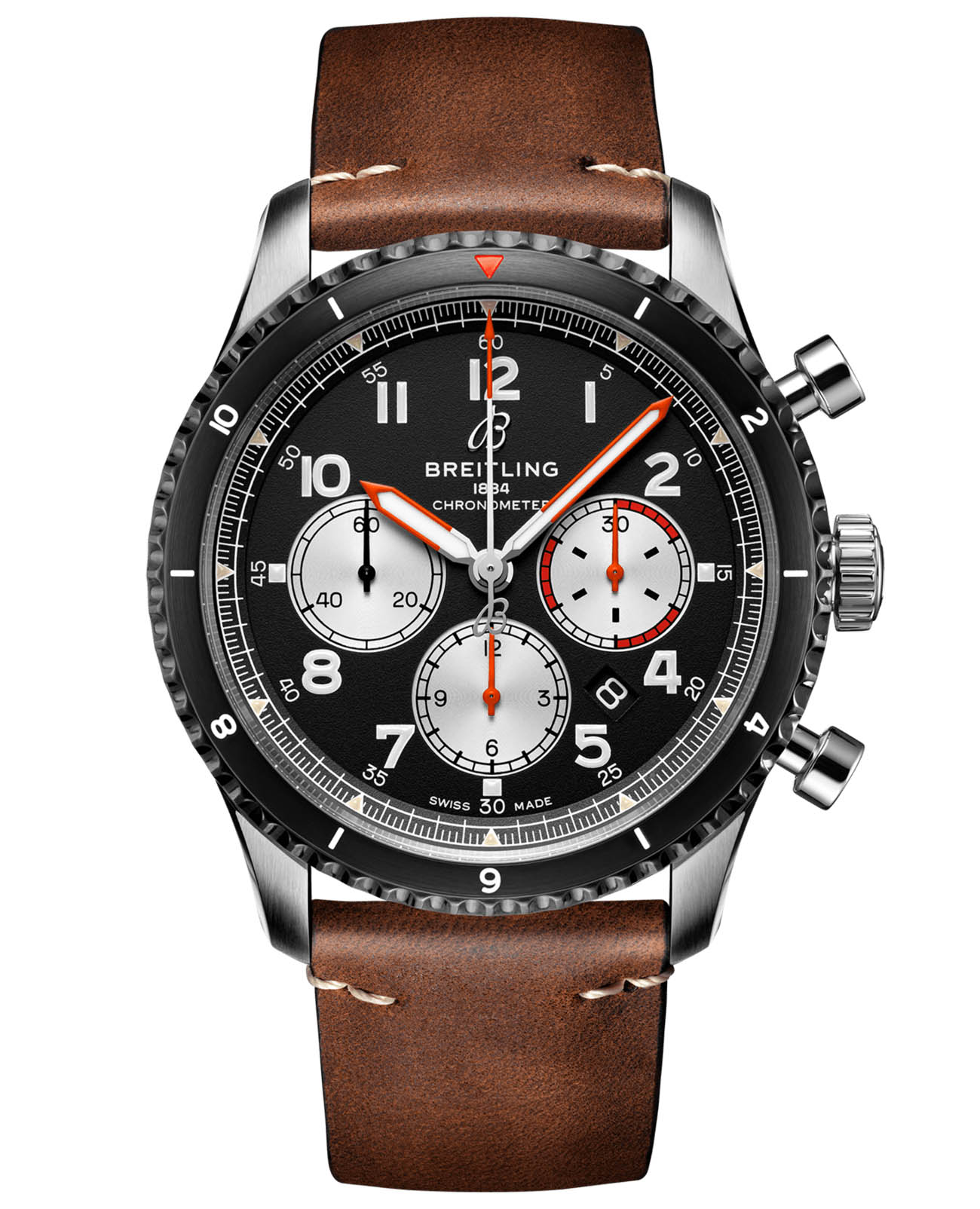 Breitling Breitling Aviator 8 B01 Chronograph 43 Mosquito AB01194A1B1X2  AB01194A1B1X2 механические мужские часы черный циферблат, браслет кожаный — вид спереди
