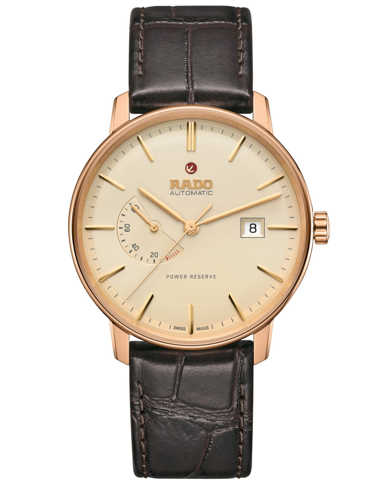 Rado Rado Coupole Classic Automatic Power Reserve R22879315 Classic R22879315 механические мужские часы золотой циферблат, браслет кожаный — вид спереди