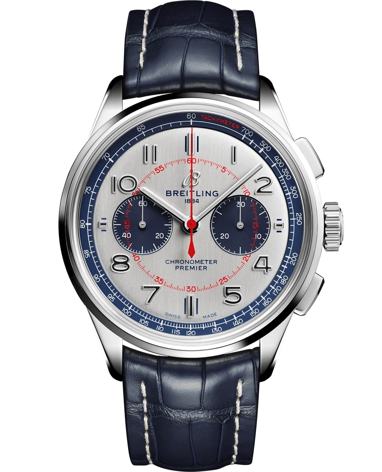 Breitling Breitling Premier B01 Chronograph 42 Bentley Mulliner Limited Edition AB0118A71G1P2  AB0118A71G1P2 механические мужские часы серебристый циферблат, браслет кожаный — вид спереди