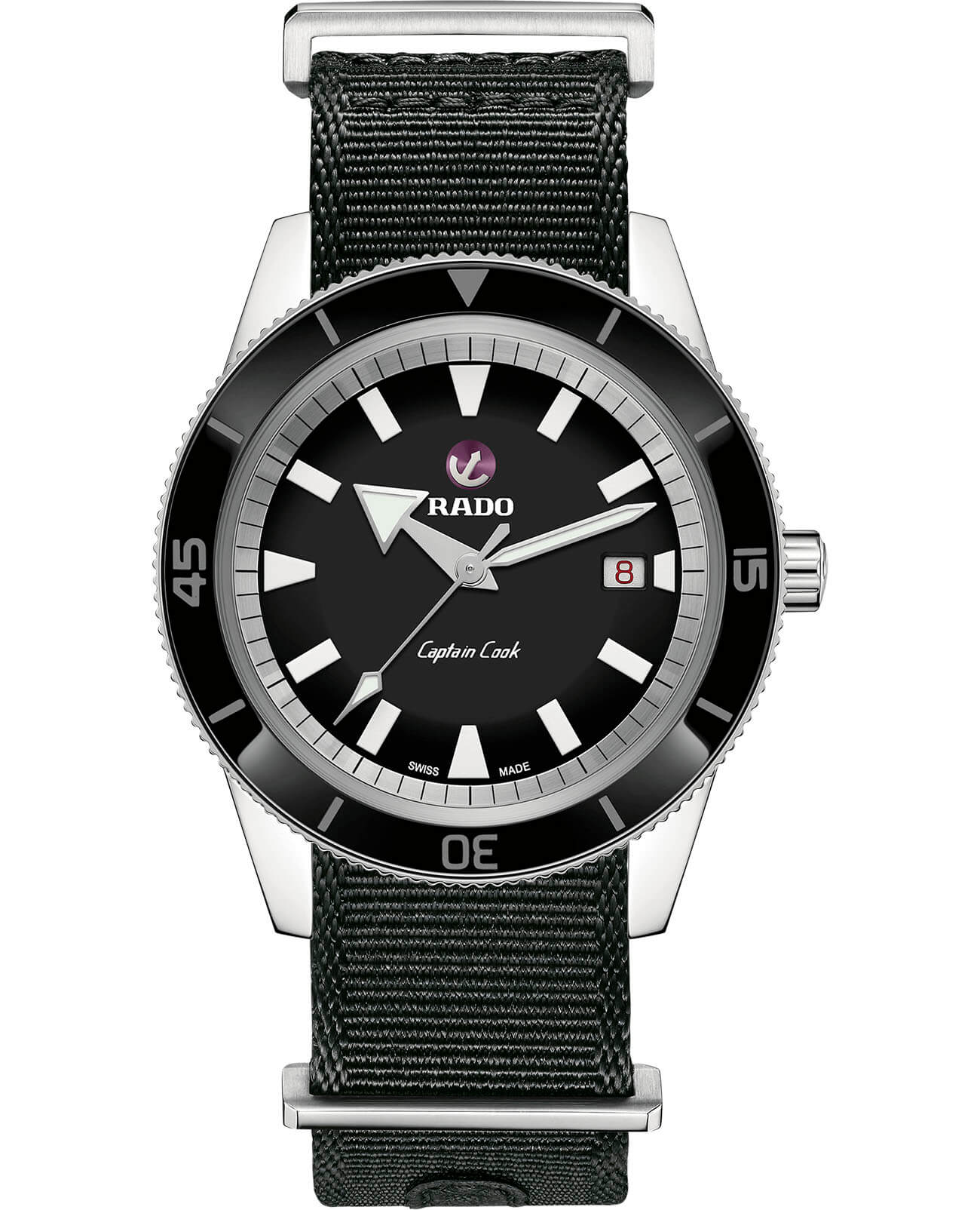 Rado Rado Captain Cook Automatic R32505158 Automatic R32505158 механические мужские часы черный циферблат, браслет тканевый — вид спереди
