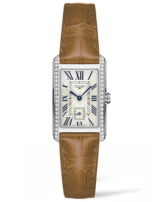 Longines Longines DolceVita L5.512.0.71.4  L55120714 кварцевые женские часы серебристый циферблат, браслет кожаный — вид спереди