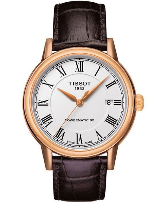 Tissot Tissot Carson Powermatic 80 T085.407.36.013.00 Carson T0854073601300 механические мужские часы белый циферблат, браслет кожаный — вид спереди