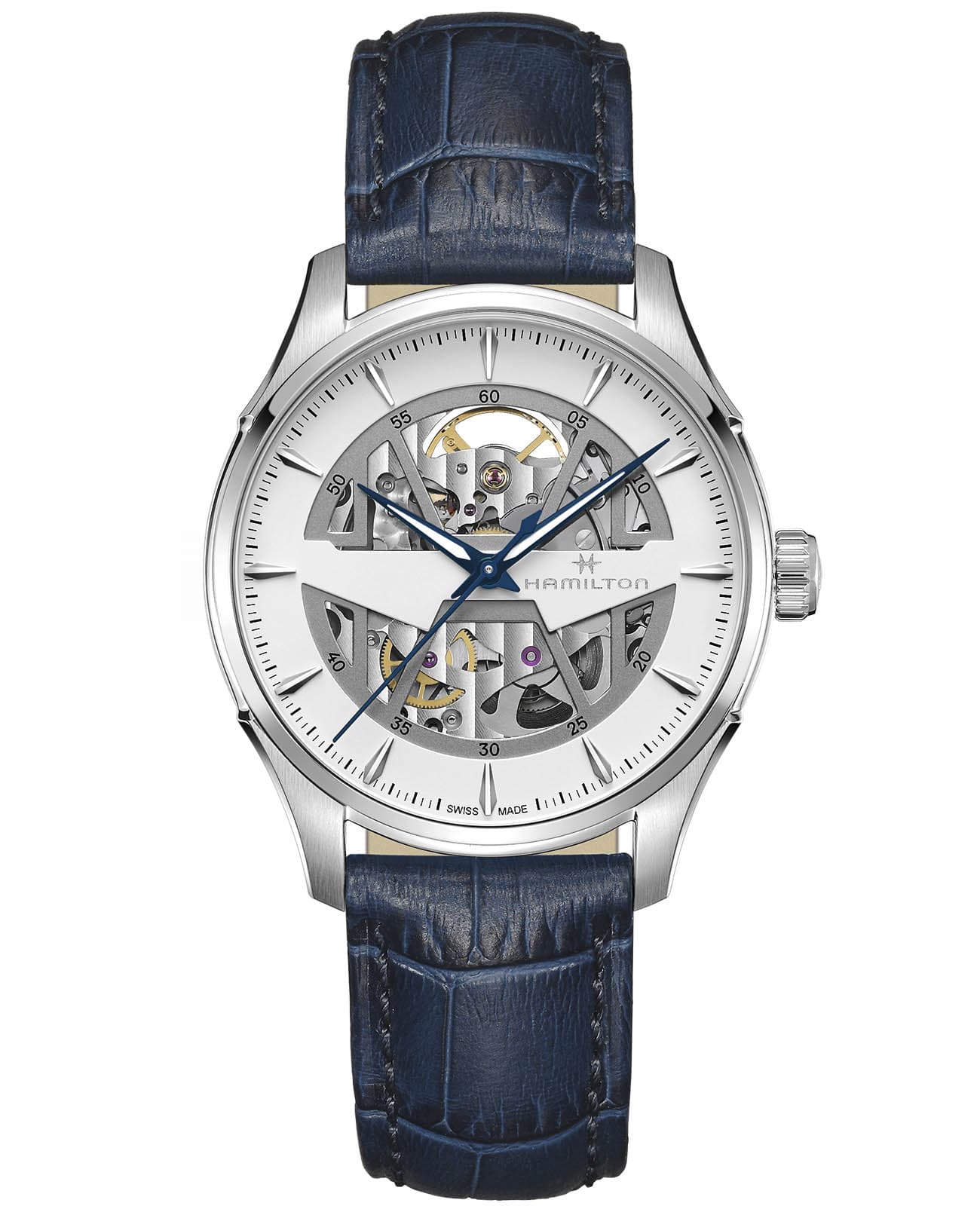 Hamilton Hamilton Jazzmaster Skeleton Auto H42535610  H42535610 механические мужские часы белый циферблат, браслет кожаный — вид спереди