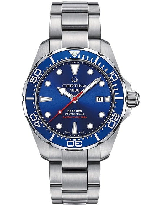 Certina Certinа DS Action Diver Powermatic 80 C032.407.11.041.00 DS Action C0324071104100 механические мужские часы синий циферблат, браслет нержавеющая сталь — вид спереди