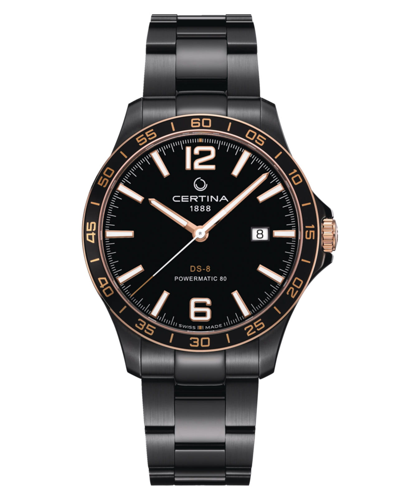 Certina Certina DS-8 C033.807.33.057.00 DS 8 C0338073305700 кварцевые мужские часы черный циферблат, браслет нержавеющая сталь с pvd-покрытием — вид спереди