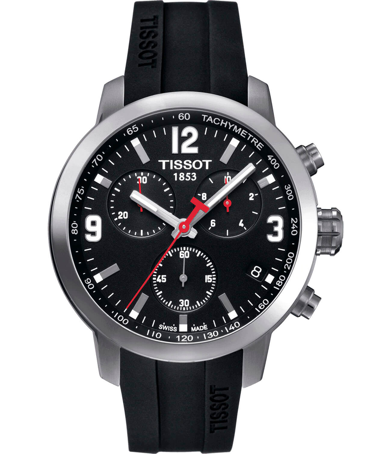 Tissot Tissot PRC 200 Chronograph T055.417.17.057.00 PRC 200 T0554171705700 кварцевые мужские часы черный циферблат, браслет каучук — вид спереди
