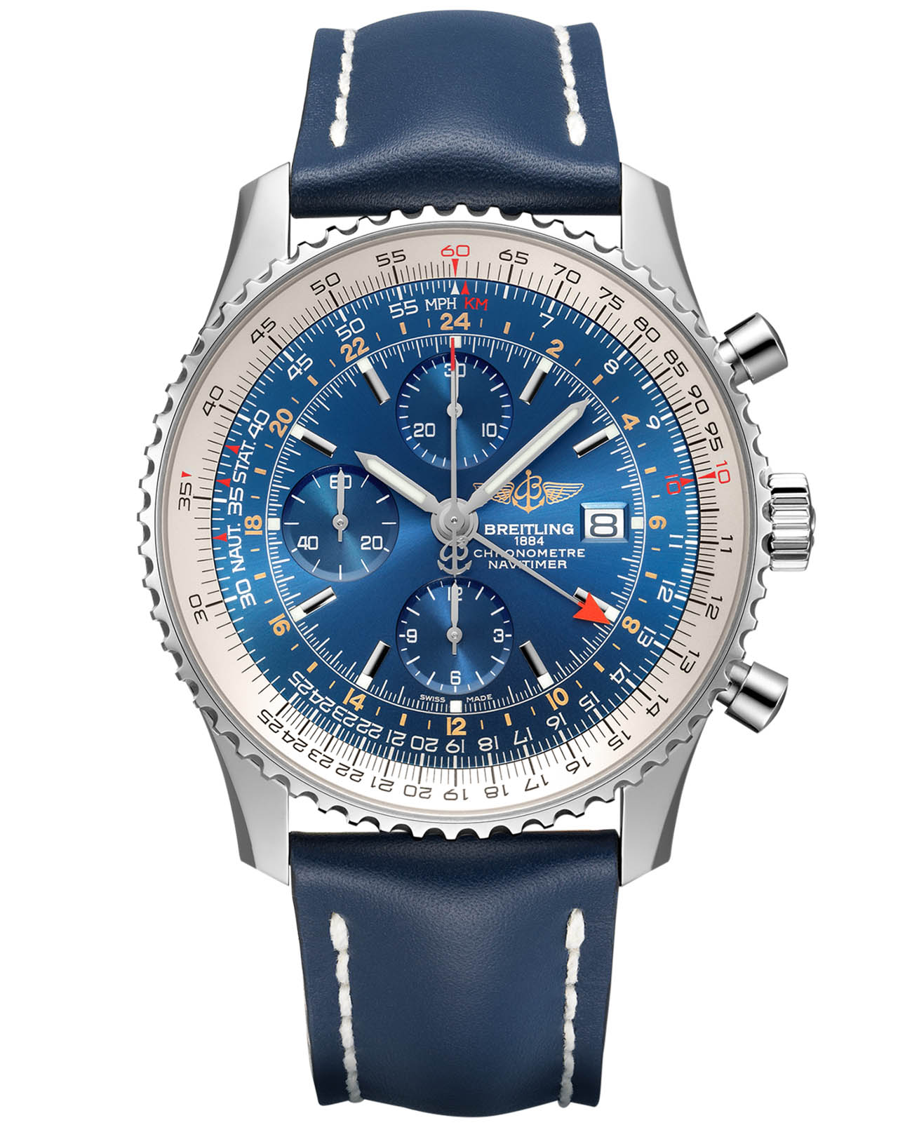 Breitling Breitling Navitimer Chronograph GMT 46 A24322121C1X1  A24322121C1X1 механические мужские часы синий циферблат, браслет кожаный — вид спереди