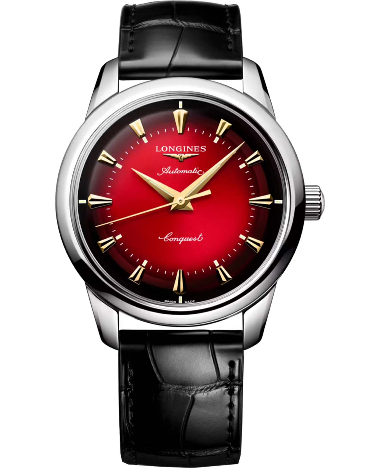Longines Longines Heritage Classic L1.651.4.09.2  L16514092 механические мужские часы красный циферблат, браслет кожаный — вид спереди