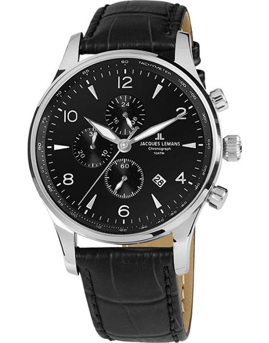Jacques Lemans Jacques Lemans 1-1844ZA   1-1844ZA кварцевые мужские часы черный циферблат, браслет кожаный — вид спереди