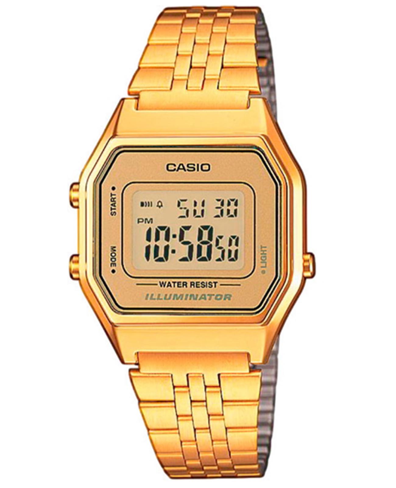 Casio Casio Vintage LA680WGA-9D   LA680WGA-9 кварцевые женские часы золотой циферблат, браслет сталь с ip покрытием — вид спереди