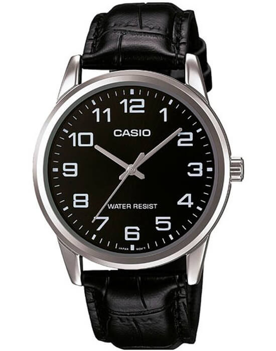 Casio Casio Collection MTP-V001L-1BUDF (MTP-V001L-1B)  MTP-V001L-1B кварцевые мужские часы черный циферблат, браслет кожаный — вид спереди